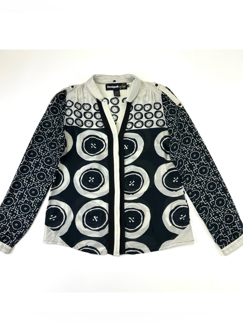 Desigual Silk Blend Blouse M Black White Geometric Print Top Artsy Abstract